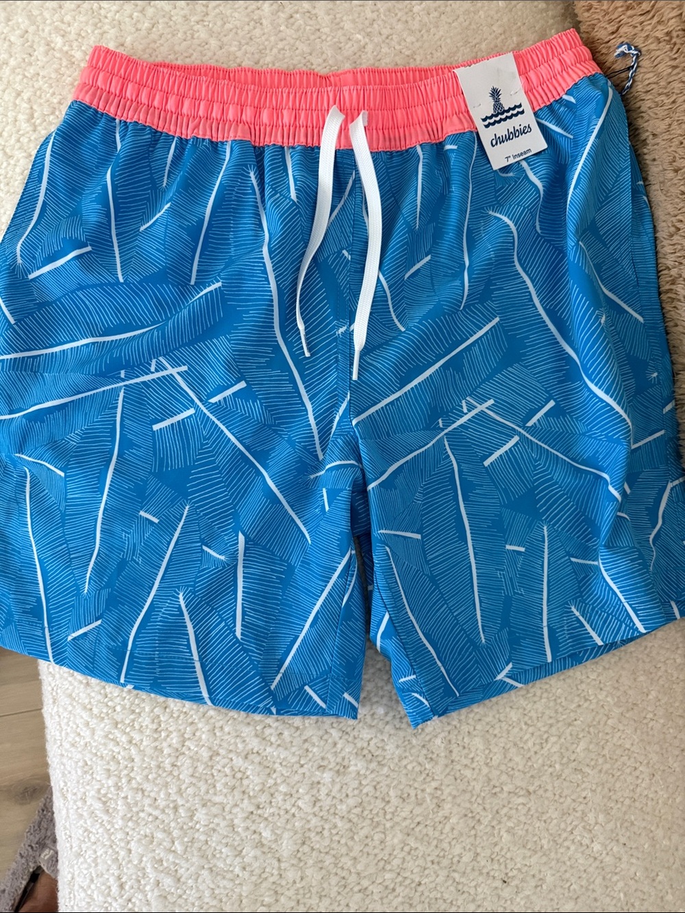 chubbies Blue Palm-Print Swimsuit  with Coral Waistband